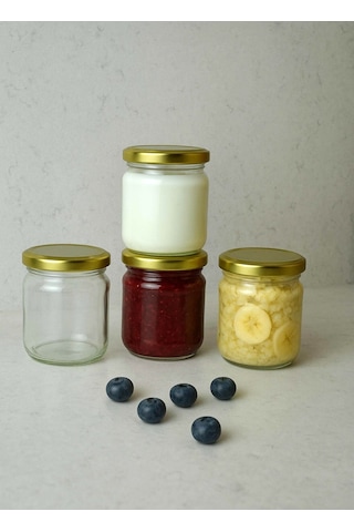 4 Adet 210 Ml Cam Kavanoz Mama Yoğurt Saklama Metal Gold Altın Konserve Kapaklı 210 Cc Şeffaf-gold