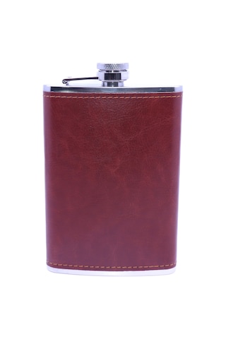 Kahverengi Deri Kaplama Paslanmaz Çelik Cep Matarası - Hip Flask 9 Oz