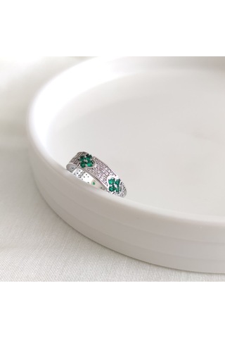 Xupıng 14 Numaraya Kadar Ayarlanabilir Yeşil Çiçek Detaylı Yüzük Beyaz