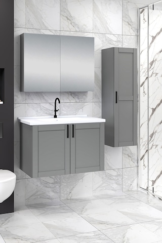 %100 Mdf 80 Cm Riva Banyo Dolabı + 30 Cm Riva Boy Dolabı Beyaz