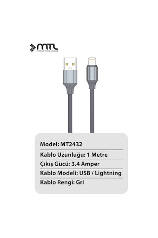 3.4a Usb To Apple Uyumlu iPhone Lightning Silikon Hızlı Şarj Ve Data Aktarım Kablosu 1 Metre Gri Mt2432