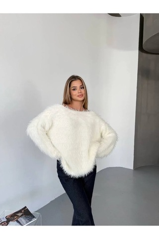 Kechi Woman Tüylü Triko Kazak Beyaz
