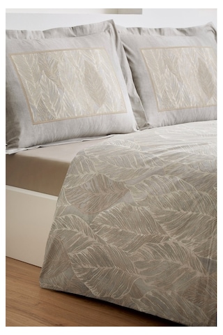 Özdilek Folha De Ouro Çift Kişilik Fitted Çarşaflı Nevresim Takımı Bej Bej