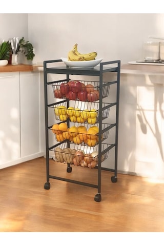 Tekerlekli̇ Metal Sebzeli̇k 4 Raflı Tel Sepetli̇ Çok Amaçlı Stand
