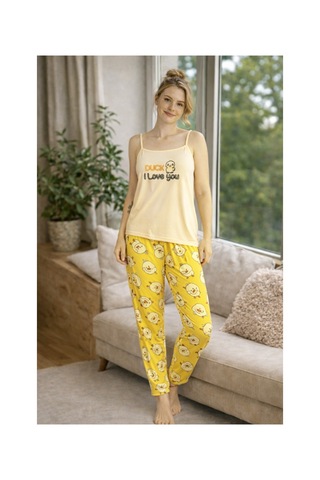 Rindahomewear Kadın Sarı Civciv Baskılı Milan Askılı Pijama Takımı Sarı