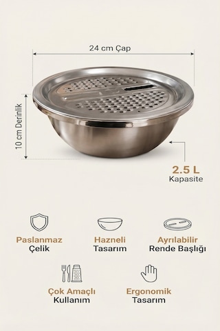 Çelik Hazneli Rende Seti, 24 Cm Çap, 2.5 L Kapasiteli, 10 Cm Derinlik Gümüş