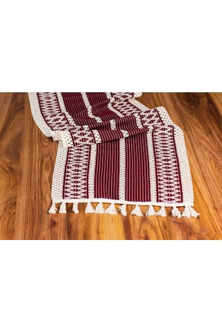Pamuk Örme Püsküllü Dantel Bordo Runner 35x145