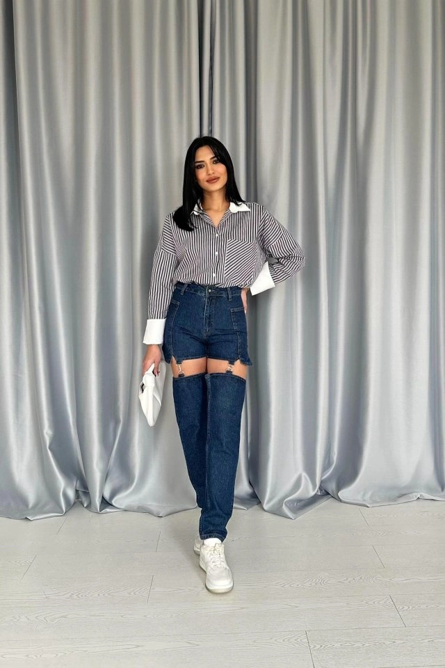 De'charme Mavi Askılı İki Parça Jeans Pantolon