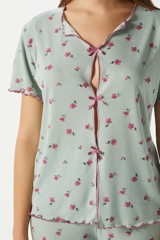 Ritnice Kadın Juliet Kurdeleli Yumuşak Doku Yeşil Çiçekli Pijama Takımı