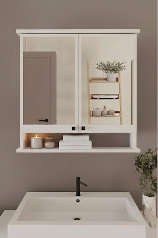 Ad-3 Raflı Banyo Dolabı, 2 Kapaklı Lavabo Üstü Aynalı Banyo Dolabı - Beyaz Çok Renkli