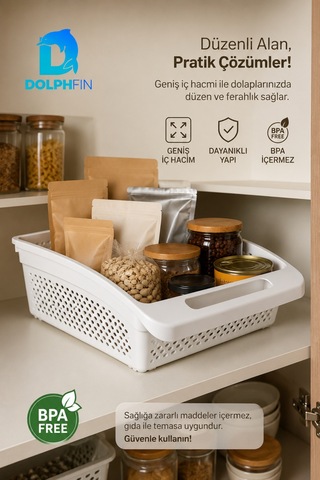 Geniş Dolap İçi Düzenleyici Sepet 30x27x9 Cm Saplı Mutfak Kiler Banyo Organizeri beyaz