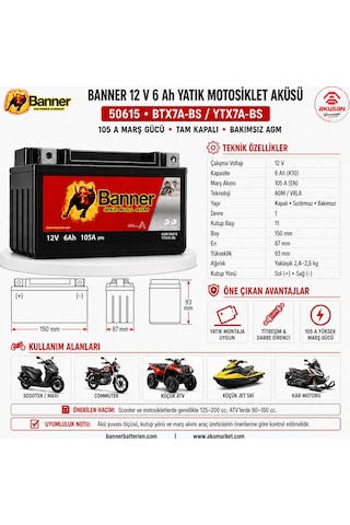 Banner 12 V 6 Ah Yatık Motor Aküsü Btx7a-bs - Ytx7a-bs
