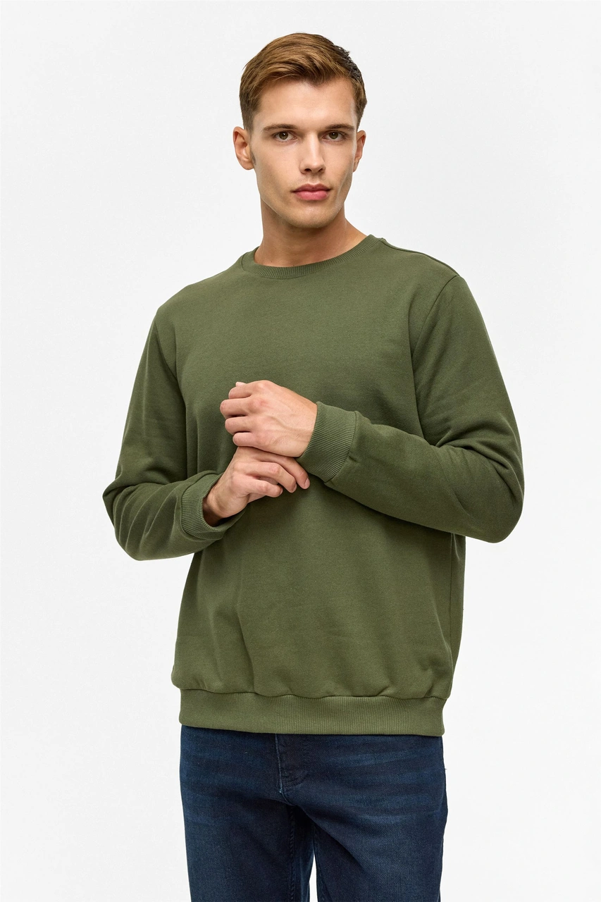 Süvari Haki Regular Düz Bisiklet Yaka Sweatshirt-38801 Haki