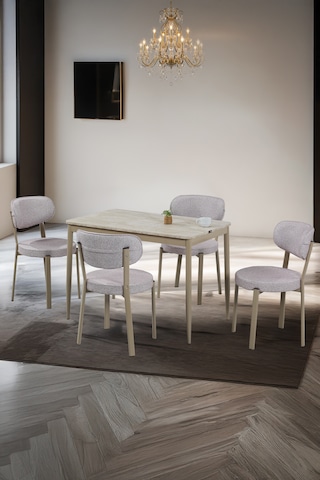 Sakura Masa Takımı - Traverten Masa - 4 Sandalye Kapuçino - Metal Kapuçino Ayak - Masa Takımı - Yemek Odası Takımı