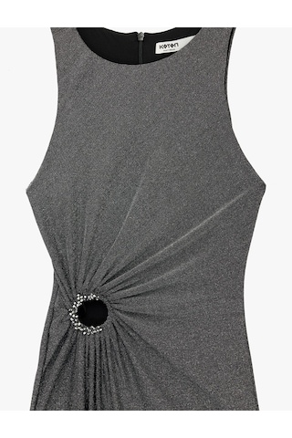 Koton Kolsuz Bisiklet Yaka Slim Fit Taş Detaylı Simli Midi Slip Elbise Siyah 6sak80066fk Siyah
