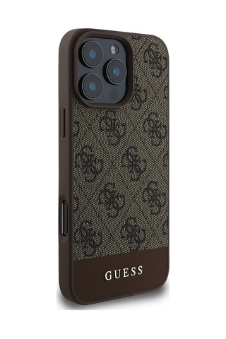 Apple Uyumlu iPhone 16 Pro Kılıf Guess Lisanslı Pu Deri Şerit Logo Dizaynlı Kapak Kahverengi