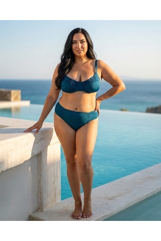 Büyük Beden Telli Klasik Kesim Balenli Toparlayıcı Yüksek Bel Kadın Bikini Takım Petrol