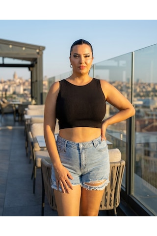 Zanessi Fashıon Büyük Beden Lastikli Yüksek Bel Yırtık Eskitme Cepli Kısa Denim Kadın Şort Mavi
