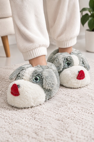 Modafocus Sevimli Köpek Figürlü Sessiz Kaydırmaz Taban Peluş Unisex Ev Pandufu Sevgili Kombin Terliği Gri