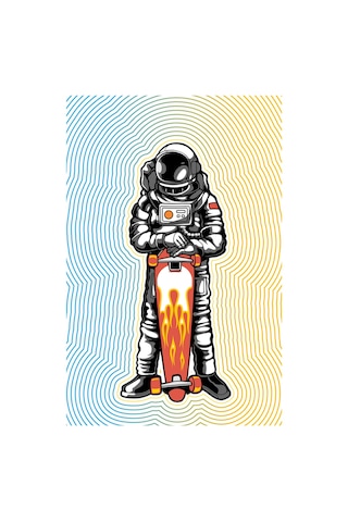 Paybuy Erkek Oversize Tişört Astronot Kaykay Baskısı Bold Line Art Dinam Beyaz