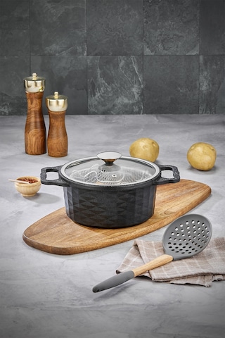Polochef 20 Cm Granit Kızartma Tenceresi Fritöz Yapışmaz Granit Derin Patates Kızartma Tava Siyah