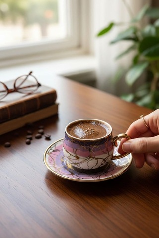 6 Kişilik Lüks Porselen Mor Ton Altın Yaldızlı Kahve Fincan Seti - 100 Ml Çok Renkli