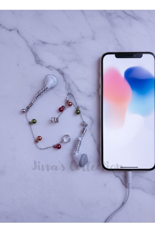 Bluetooth Kulaklık Kayıp Önleyici. Renkli Boncuk Zincirli Detaylı Kıkırdak Küpe.özel Tasarım Metalik