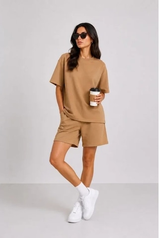 DefyModa Premium Osy Modal Yumuşak Dokulu Tişört Cepli Şort Alt Üst Takım - Kahverengi Siyah