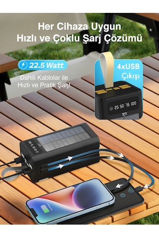 7go Gpw-01 50.000 Mah Solar Powerbank 22.5 W Hızlı Şarj, Dahili Kablolu, Led Ekranlı Taşınabilir Ş Siyah