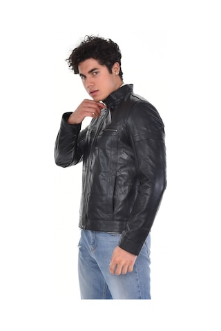 Hakiki Deri Siyah Erkek Deri Mont Hakim Yaka Üst Ve Yandan Fermuarlı Cep Detaylı Deri Ceket Siyah