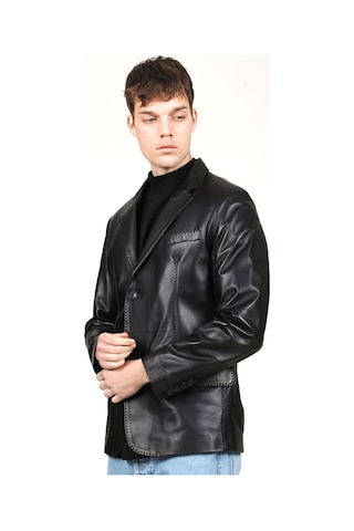 Dericlub Erkek Venedik Kruvaze Yaka Hakiki Deri Blazer Ceket Siyah Siyah