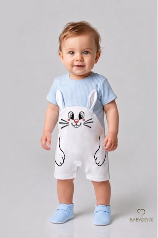 Babyden's Tavşan Baskılı Şortlu Erkek Bebek Tulum %100 Pamuk Yazlık Kısa Kollu Çıtçıtlı Yenidoğan Bebek Tulumu 0-9 Ay Bebe Mavisi