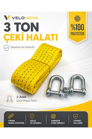 3 Ton Sarı Çekme Halatı 3 Metre 5 Cm Genişlik 2 Adet Çelik Mapa Dahil %100 Polyester Araç Kurtarma Halatı