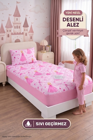 Prenses Desen Tek Kişilik Kapitone Fitted Su Sıvı Geçirmez Yatak Alezi Seti 1 Adet Yastık Kılıflı Pembe