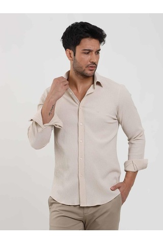 Dufy Bej Erkek Slim Fit Gofre Desenli Brent Yaka Uzun Kol Gömlek - 104810-bej Bej