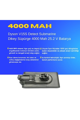 Dyson V15s Detect Submarine 4000 Mah Süpürge Batarya Yüksek Kapasiteli, Güçlü Ve Dayanıklı Yedek Pil Uzun Ömürlü Li-ıon Batarya