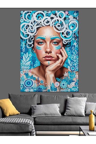 Mavi Saçlı Kadın Sanat Dekoratif Kanvas - Mdf Ahşap Tablo