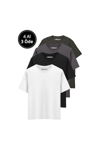 Erkek 4 Lü Paket %100 Pamuk Oversize Tişört Basic Bisiklet Yaka Kısa Kollu T-shirt Gri