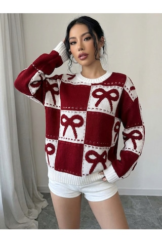 Sayzen Your Shine Kurdele Işlemeli Kareli Oversize Kazak Sy-2502 Bordo