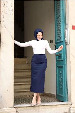 Kumaş Kalem Etek Lacivert Çok Renkli