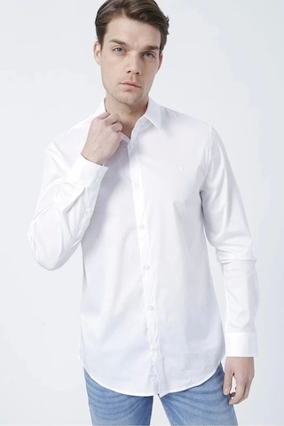 Guess Erkek Dik Yaka Slim Fit Gömlek Düz Beyaz Beyaz