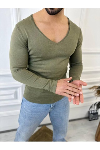 Elku Moda Kazak Örme Tüylenmez Naturel Pamuk Kazak Slim Fit Triko Dar Kesim Body Kazak Yeşil