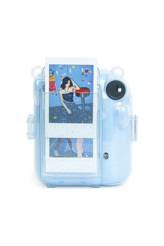 Fujifilm Instax Mini 12 Fotoğraf Makinesi + 20'li Film + Kıskaçlı Resim Standı + Simli Pleksi Kılıf Seti Mavi