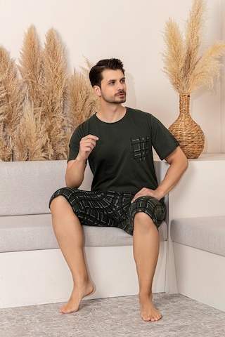 Nisanca Sportif %100 Pamuk Şortlu Erkek Pijama Takımı Haki
