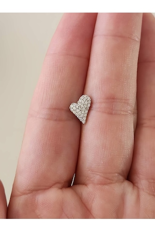 Eva Takı Store Kalp Zirkon Taşlı Model Kıkırdak Tragus Helix Piercing Gümüş Renk Küpe Gümüş