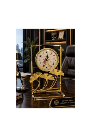 Gold Metal Çerçeveli Paris Manzaralı Ginkgo Yapraklı Dekoratif Masa Üstü Saat Ve Biblo 24x16 Cm Saat Seçeneği-Saatli