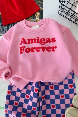 Miniğimin Cicileri Kalp Forever Baskılı Dama Desenli Kız Çocuk 2 Li Takım - Pembe Diğer