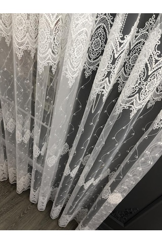 Tül Perde Çerçeve Desen Brillant Marka Sedef Sim Brode Işleme Ekru