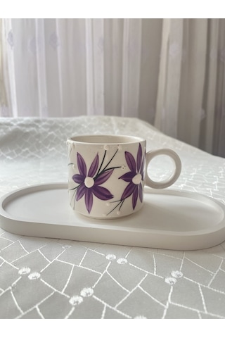 Çiçekli Mor Kupa Bardak Çay Kahve Fincanı 200 Ml Mor