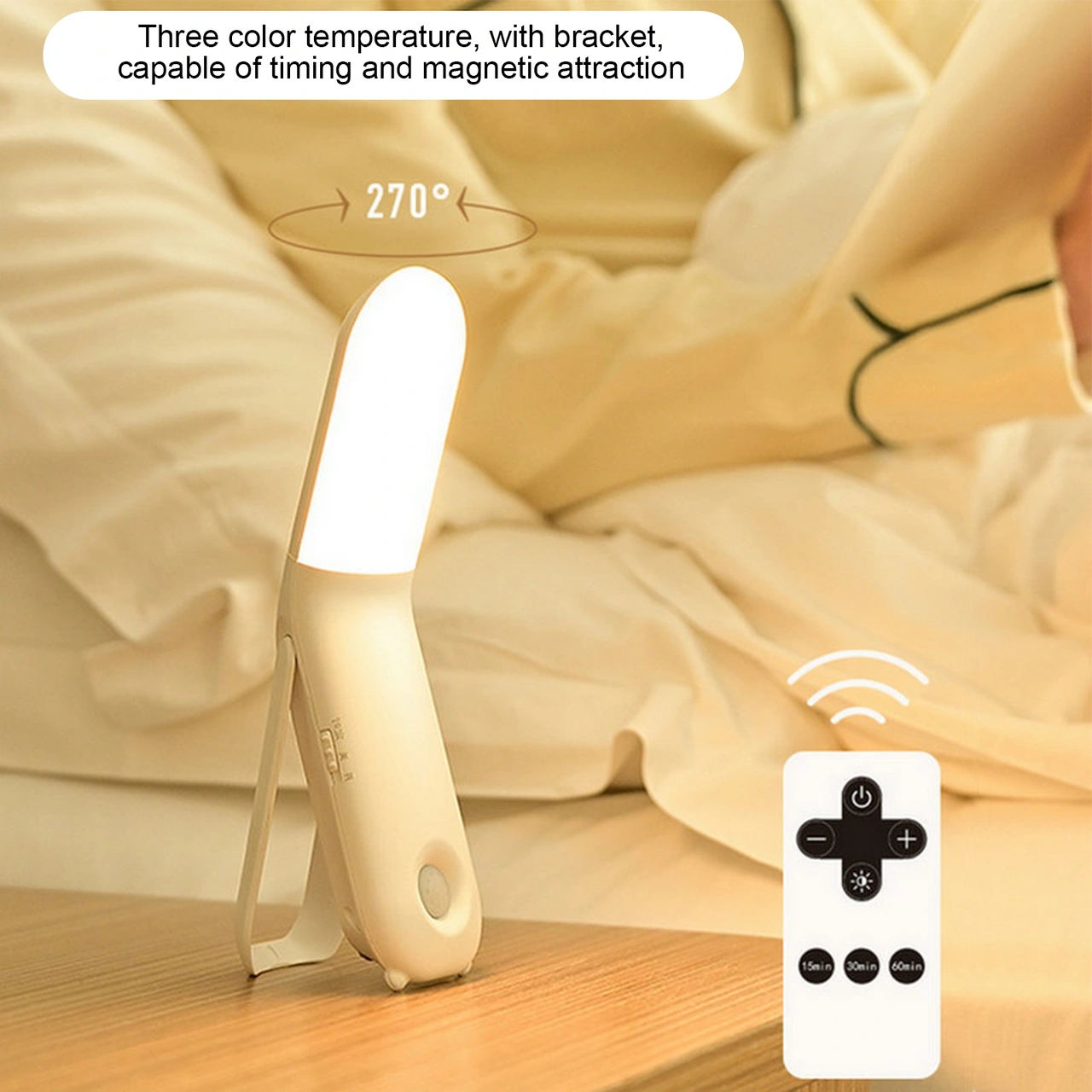 Folinda Led Kumandalı Gece Lambası - 270 Döner, 3 Renk Tonu, 10 Parlaklık Seviyesi, Zamanlayıcı, Manyetik/içecekli/standlı Montaj, 1800mah Pil Beyaz